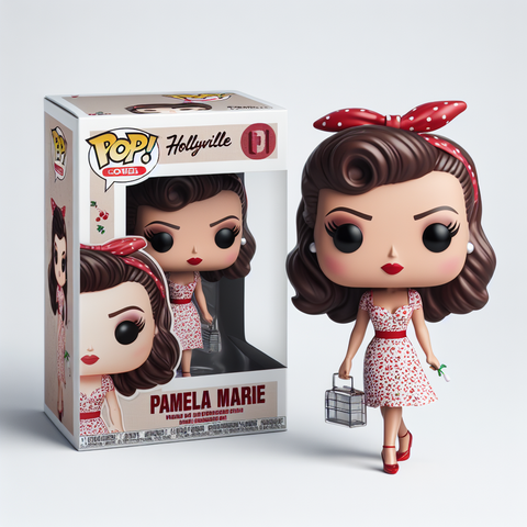 Custom AI Funko Pop Figure of pinup model and Hollyville owner, Pamela Marie wearing a cherry print swing dress.