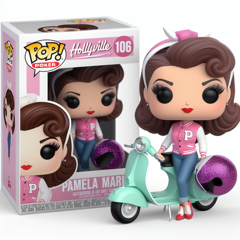 Custom AI Funko Pop Figure of pinup model and Hollyville owner, Pamela Marie wearing a pink and white letterman jacket and jeans with her mint Vespa Primavera scooter and purple glitter helmet