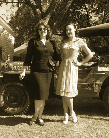 Pam with her friend Molly at WWII Days in Rockford, IL. Dress made by herself.
