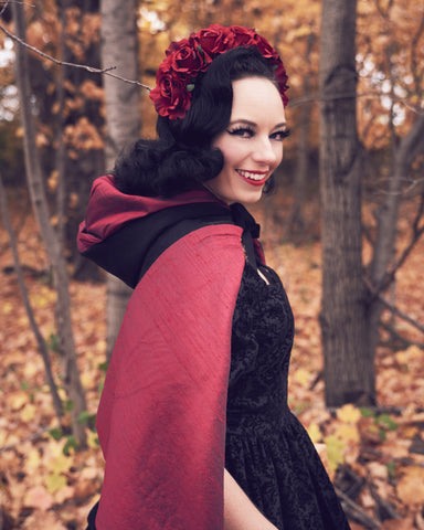 Dark Pinup fantasy Little Red Riding Hood dress and cape by PMdesigns by Pamela Marie available at Hollyville