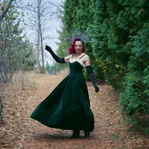 Pinup Model Pamela Marie wearing 1940's Vintage Velvet Christmas Dress