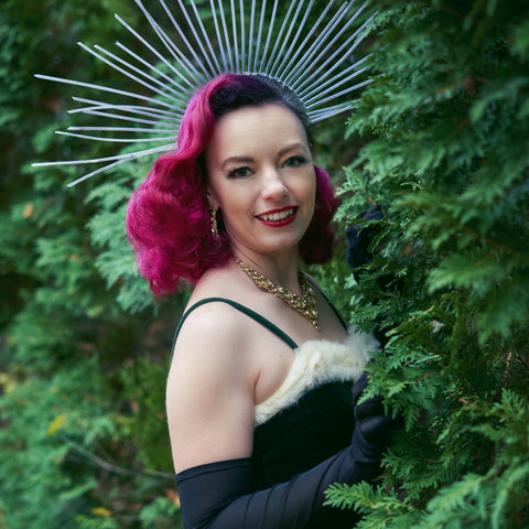 Pinup Model Pamela Marie wearing 1940's Vintage Velvet Christmas Dress