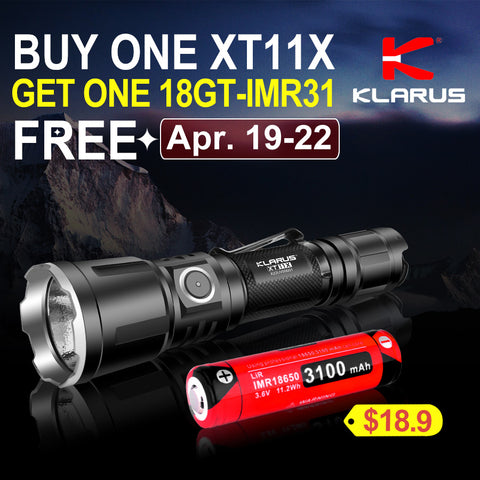  Klarus Easter Sales 2019 - Buy One Rechargeable Tactical Flashlight Klarus XT11X Get One 18650 Battery @US$18.9 FREE