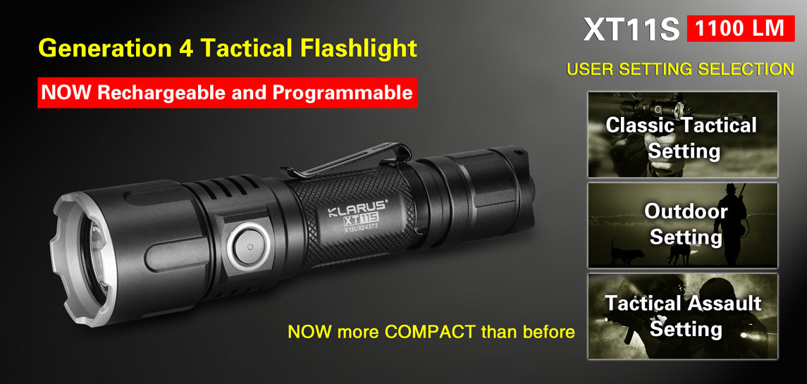 Lampe tactique XT11R Klarus 1300 lumens avec 2 modes opératoires  programmables