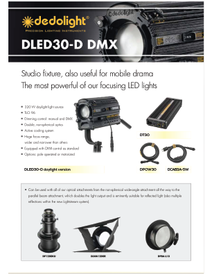 Dedolight DLED30-D high-powered mono-color, 5600k balanced LED focusing light head brochure