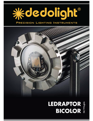 Dedolight brochure for new Ledraptor series of bi-color, LED, soft light models. Ledraptor3 220w, Ledraptor5 500w, Ledraptor7 1000w
