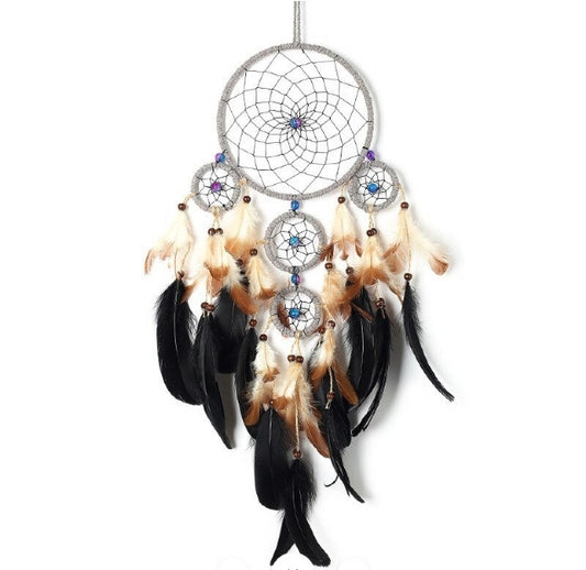 DREAMCATCHER CIRCLES SILVER WITH BLACK BROWN FEATHERS