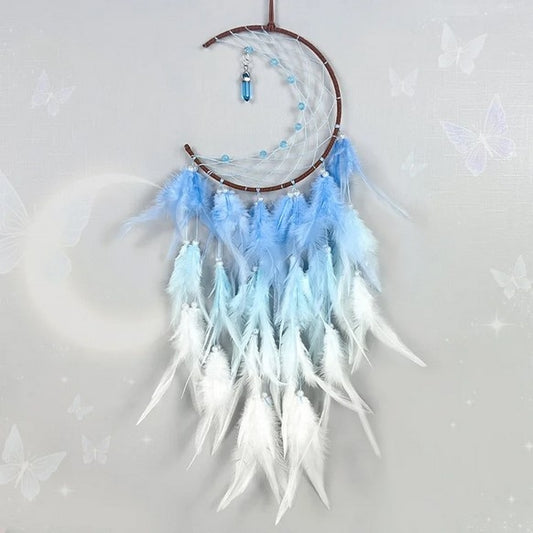 DREAMCATCHER MOON WITH PENDANT POINT BLUE FEATHER