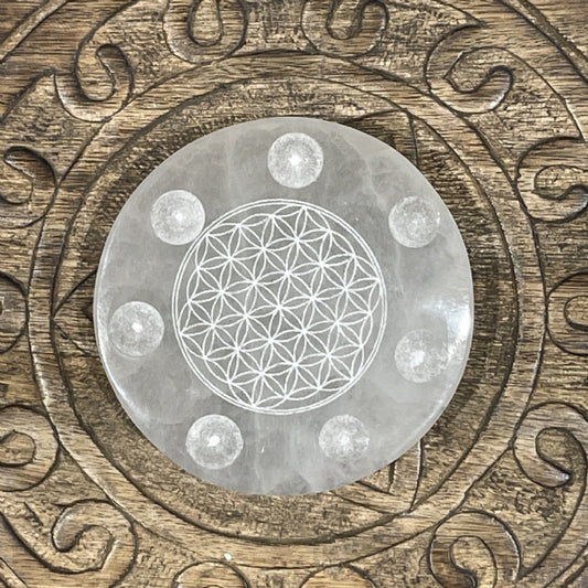 Selenite Round Charging Plate Flower Of Life with 7 Full Moon Indents