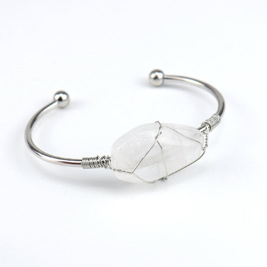 Cuff Bracelet Wire Wound Hexahedron Clear Quartz