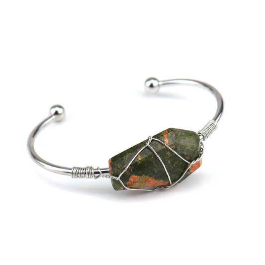 Cuff Bracelet Wire Wound Hexahedron Unakite