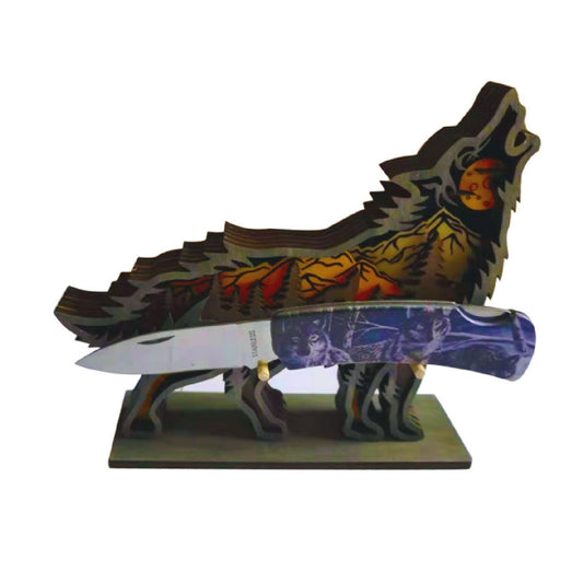 DECORATIVE FOLDING KNIFE WOLF WITH DISPLAY STAND