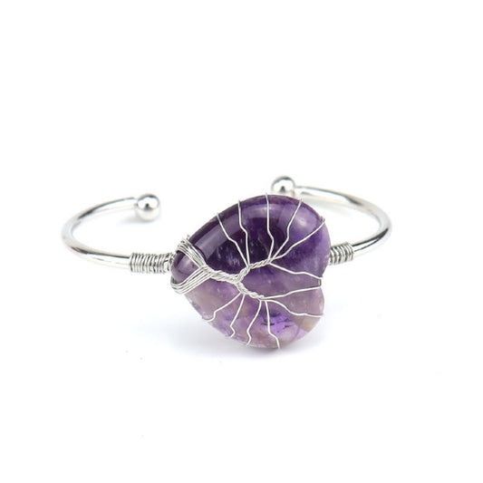 CUFF BRACELET WIRE WOUND TREE OF LIFE HEART AMETHYST