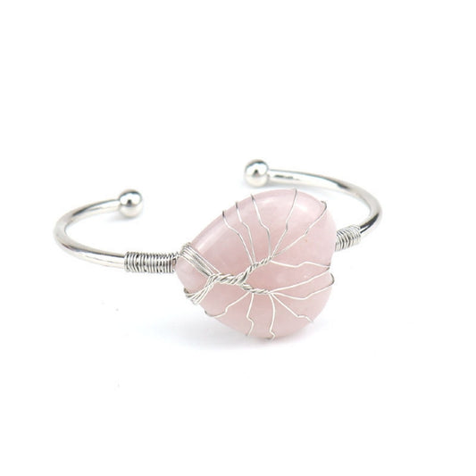 CUFF BRACELET WIRE WOUND TREE OF LIFE HEART ROSE QUARTZ