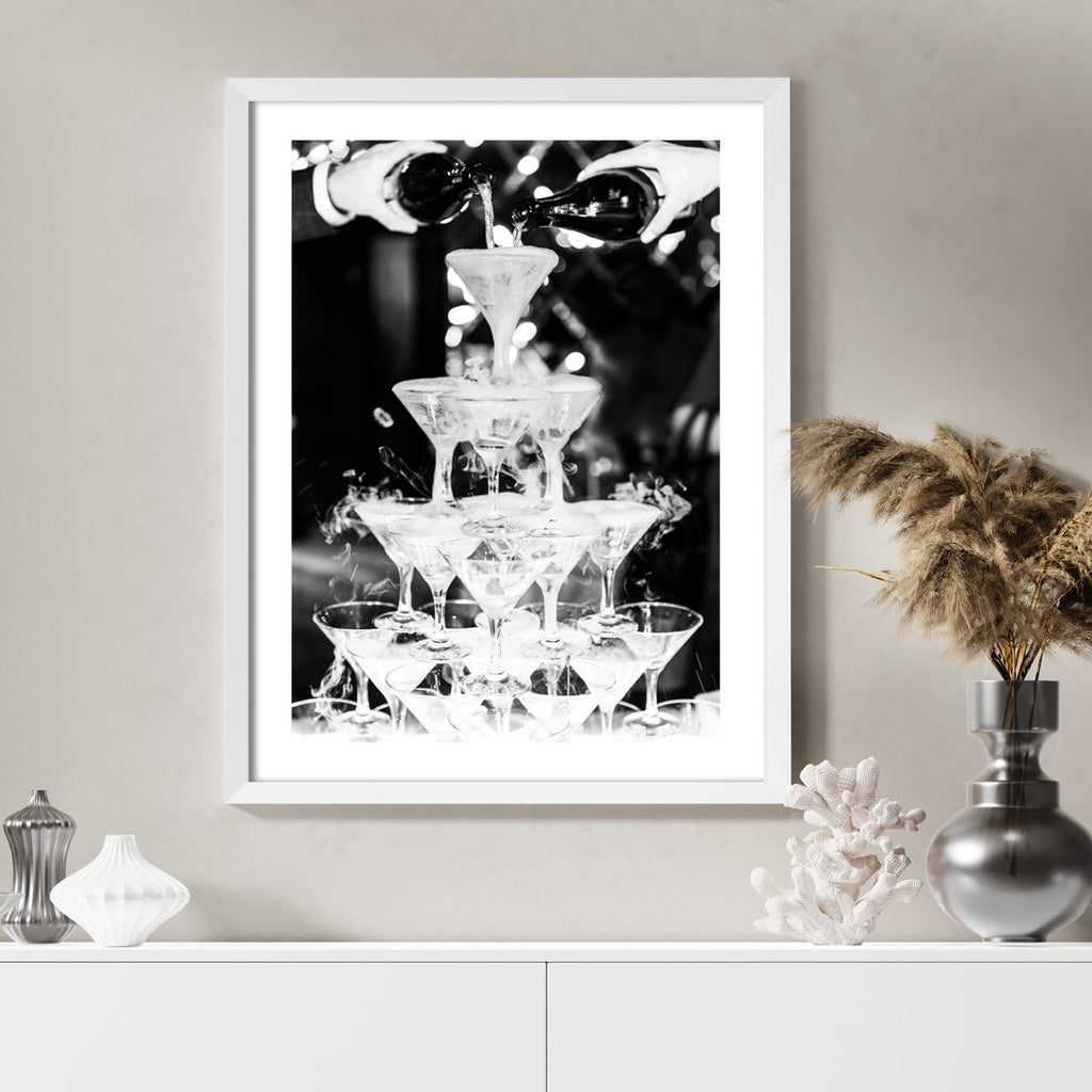 champagne tower black and white poster
