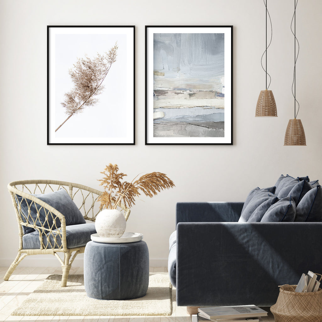 blue wall art in boho living room