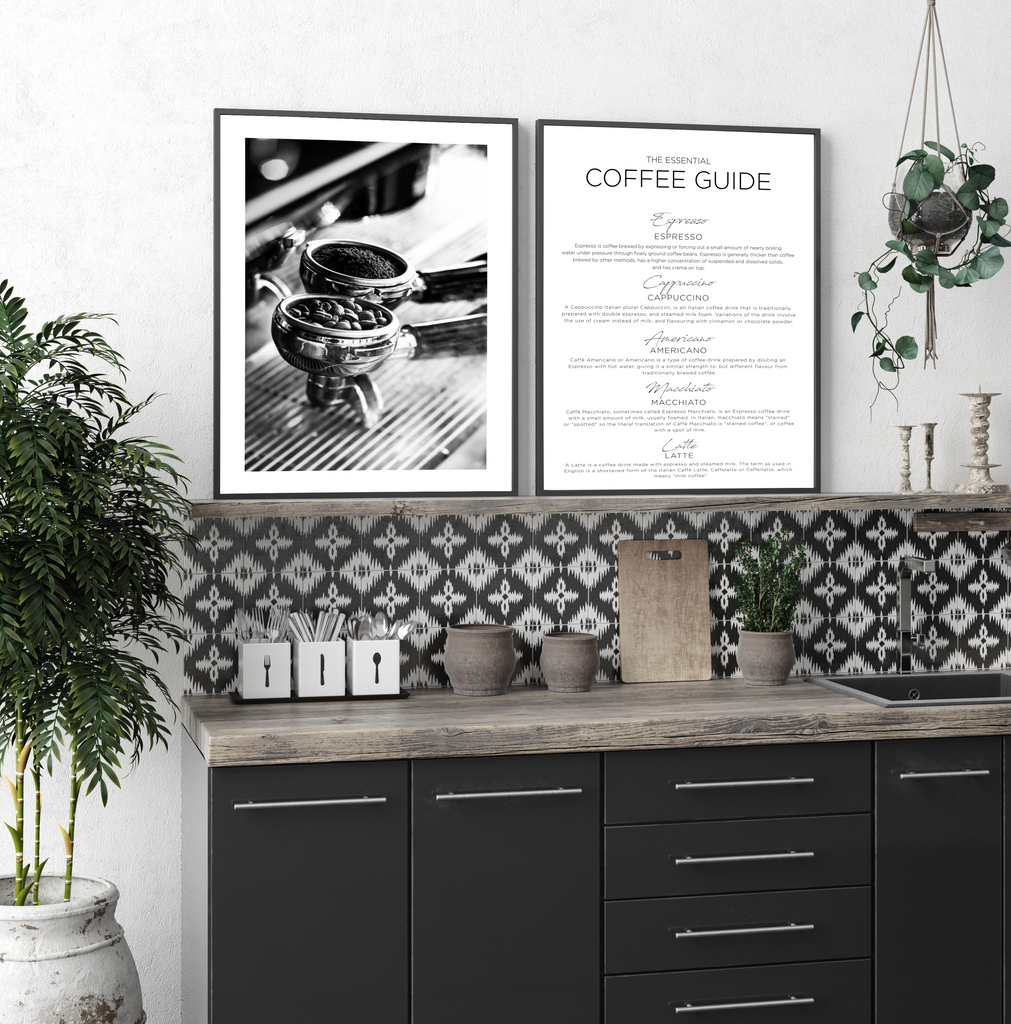 coffee prints in black modern kitchen
