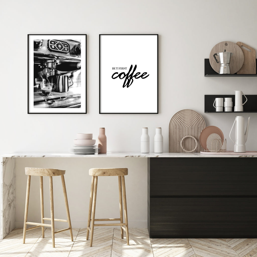 two coffee prints in stylish black kitchen