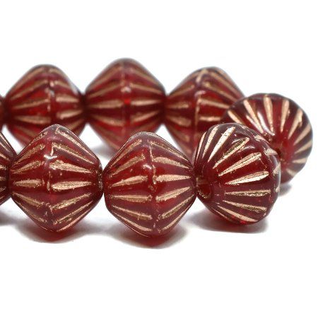 DCZ-1485 - Designer Czech Glass Tribal Bicone Beads, 9mm, Ruby Red With Copper Finish | 1 Strand