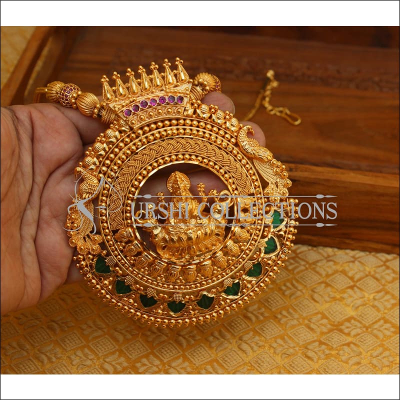 Buy Bridal Wear Attractive Look Big Gold Dollar Design Gold Plated Emerald  Stone Pendant Chain Online