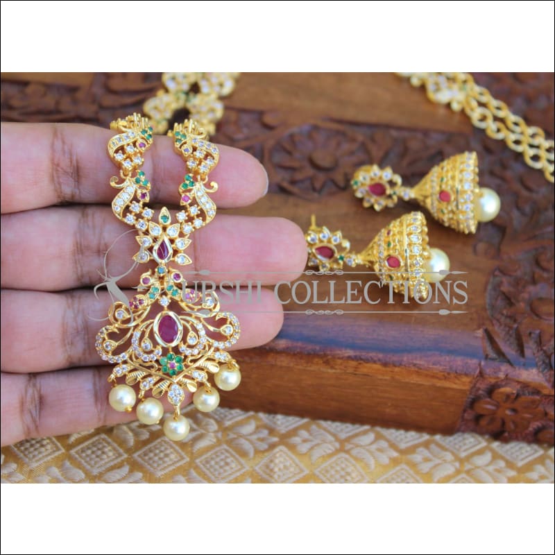 Gold Plated Kundan Necklace Set With White Beaded Threading and Red St –  ShopBollyWear.Com