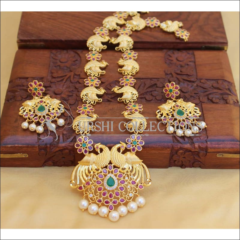 Traditional Peacock Design Multi Color Necklace Set Along With White Pearls  Paired With Earrings For Women And Girls Jewellery Set