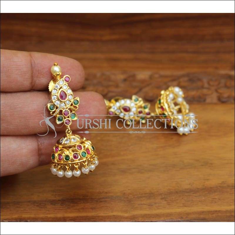 Kempu Stones,With Pearls,Double Layer Flower Designer Temple&Dance Jhumka  Earrings Se By Online