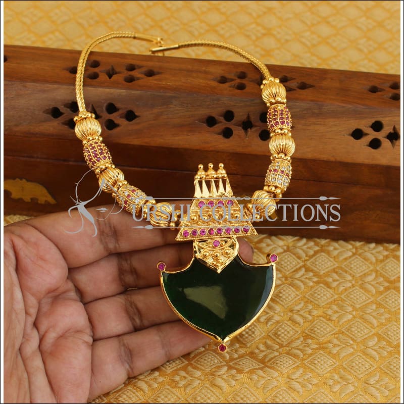 Rubans Gold Plated Handcrafted Green Stone Studded Beaded Floral Choke