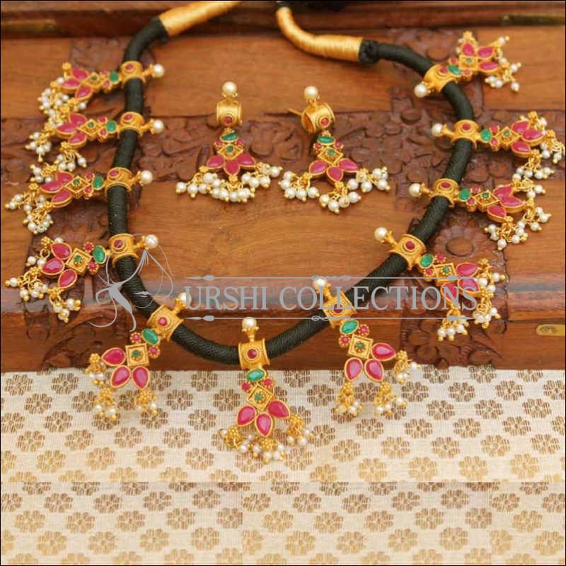 Black thread necklace with geru gold polish pendants – Kruthika Jewellery