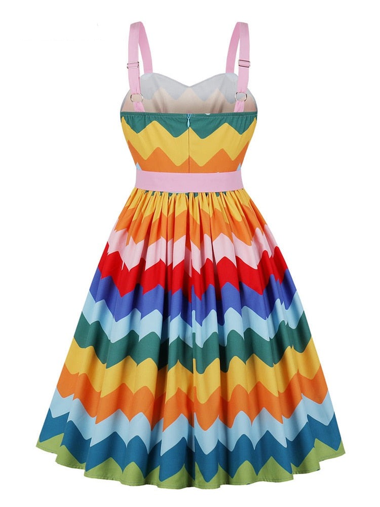 Multicolor Striped High Waist Vintage Pinup Girls Women Spaghetti Strap Belted 50s Pleated Dress