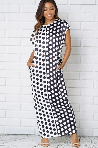 white and black polka dot maxi dress