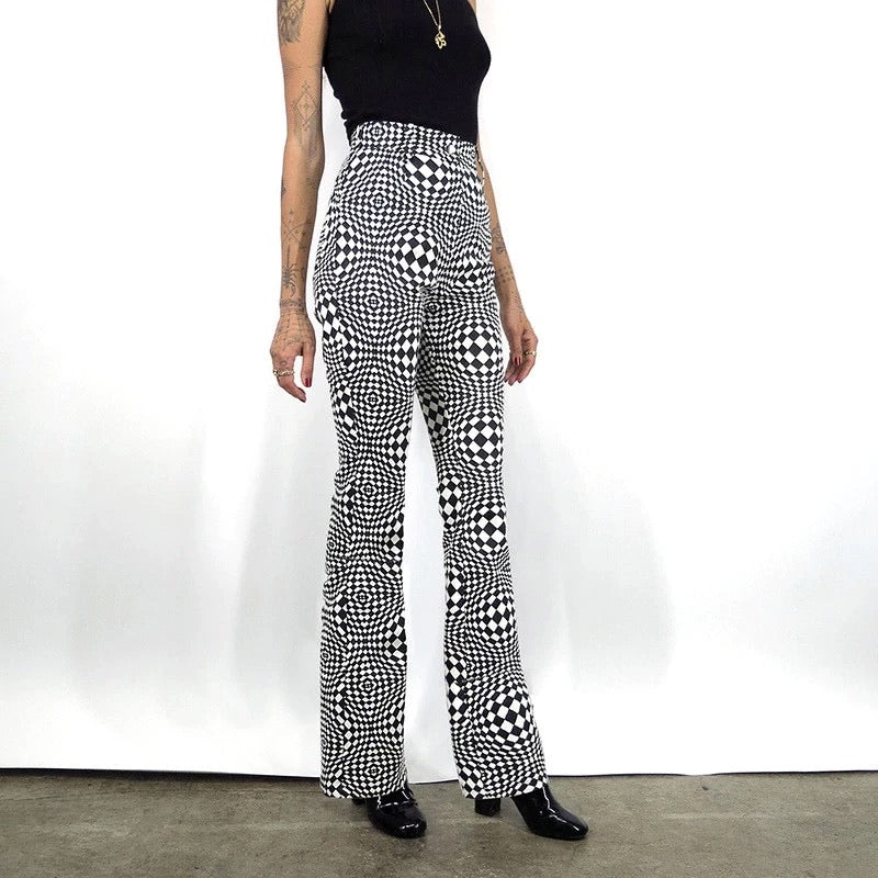 white and black checkered trousers