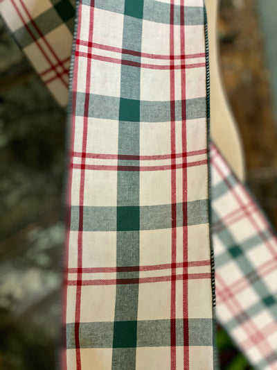 Cream Green & Red Plaid Wired Ribbon 4