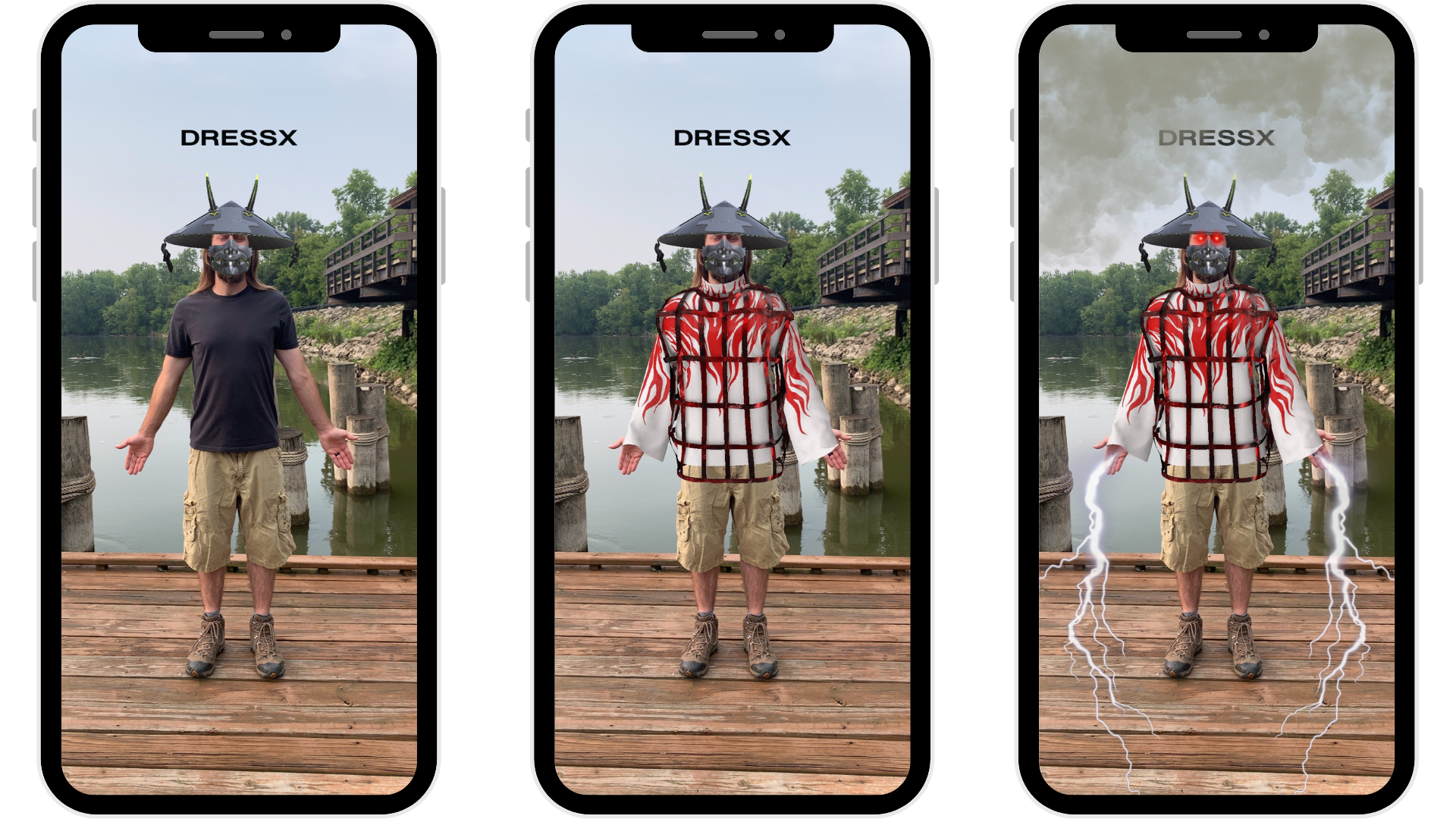 three screenshots showing the progression of editing a photo across three different apps
