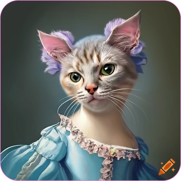 AI generated image of a cat wearing a rococo-style gown, in the style of a classical portrait