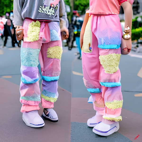 Computer-generated image of fuzzy pants, from two different angles, being worn by someone on the street