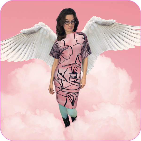digital fashion photo of a woman wearing a pink virtual dress. she has large white angel wings and is walking through a pink sky with clouds.