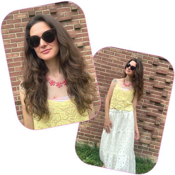 Two photos of a woman with long brown hair wearing a yellow lace tank top and a long white lace skirt