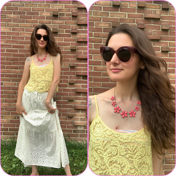 images of a woman wearing a yellow lace tank top and a long white lace skirt