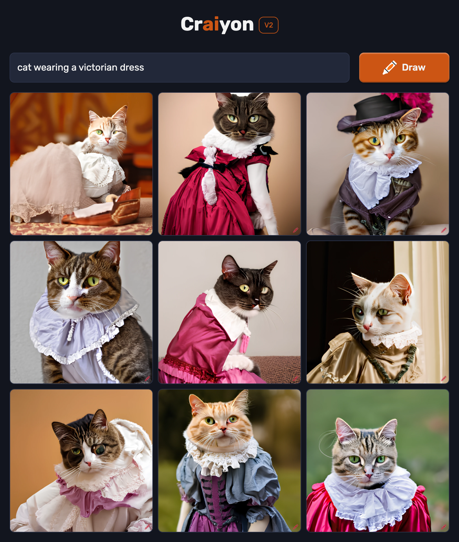 A grid of 9 computer-generated images depicting cats wearing dresses