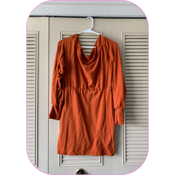 a brownish orange sweater dress hanging on the front of a closet