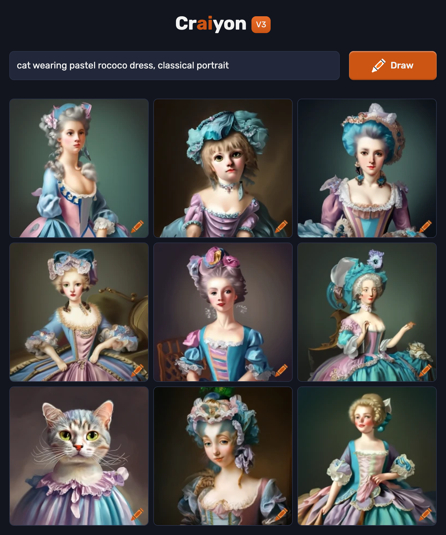 Screenshot image of the Crayon AI image generator's results when asked generate cats wearing pastel rococo gowns