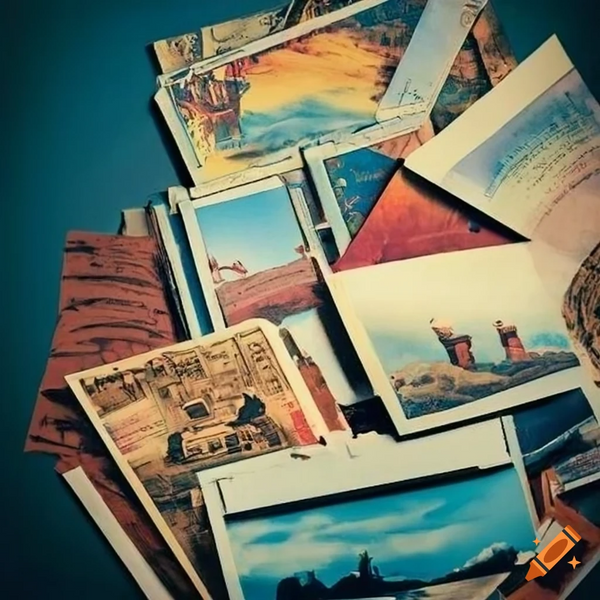 AI generated image of a pile of vintage travel postcards
