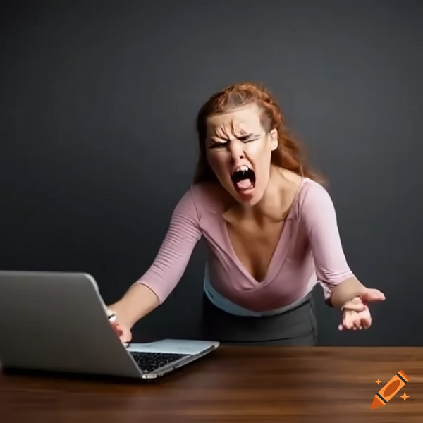 AI generated image of an angry woman yelling at a laptop computer
