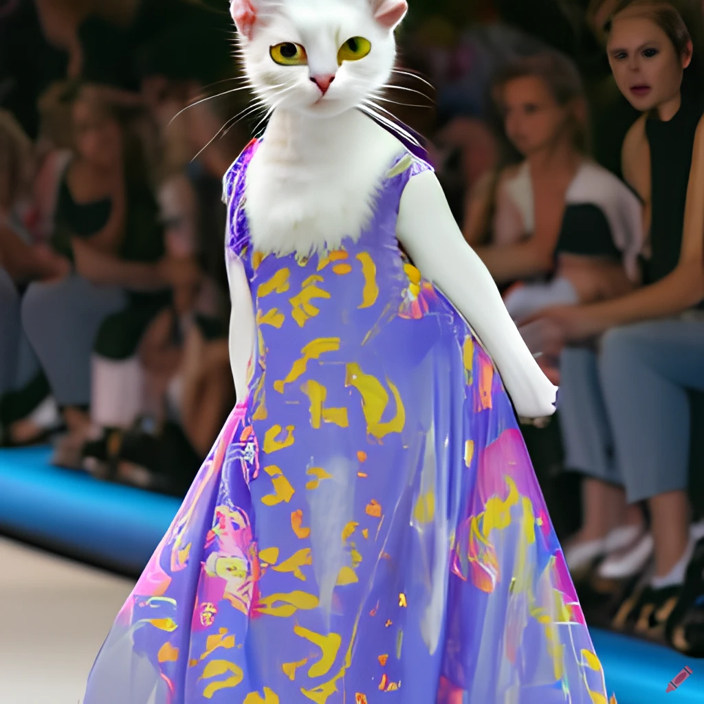 Computer-generated image of a cat wearing a gown on a fashion show runway