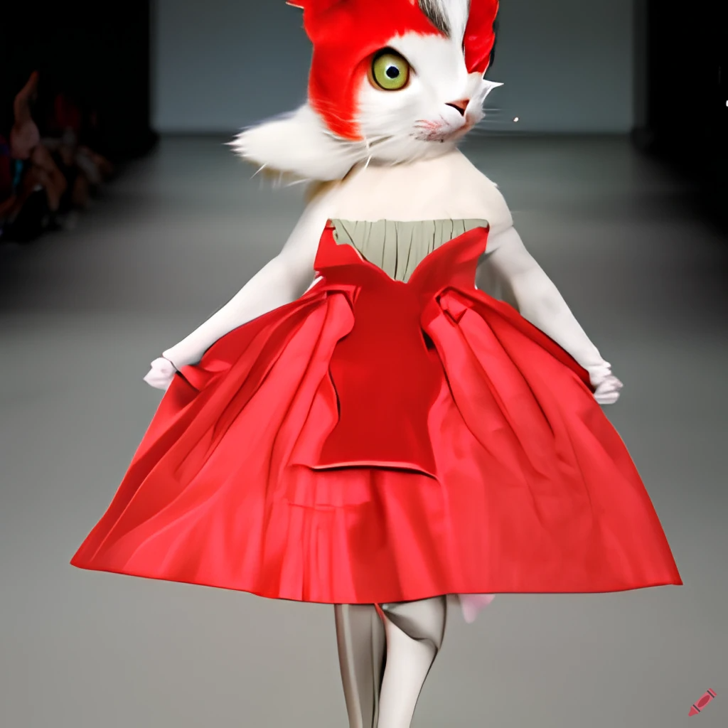 AI generated image that is supposed to be a cat in a red dress but actually looks more like a mouse.