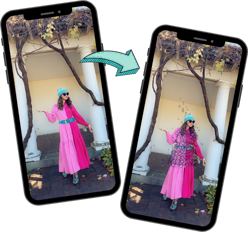 Before and after images using the ZERO10 digital fashion app. In the before photo, a woman is wearing a floor-length two-tone pink dress while standing in a formal Victorian garden. The after shot is the same photograph, but with a short digital dress made of bubbles added over the physical dress.