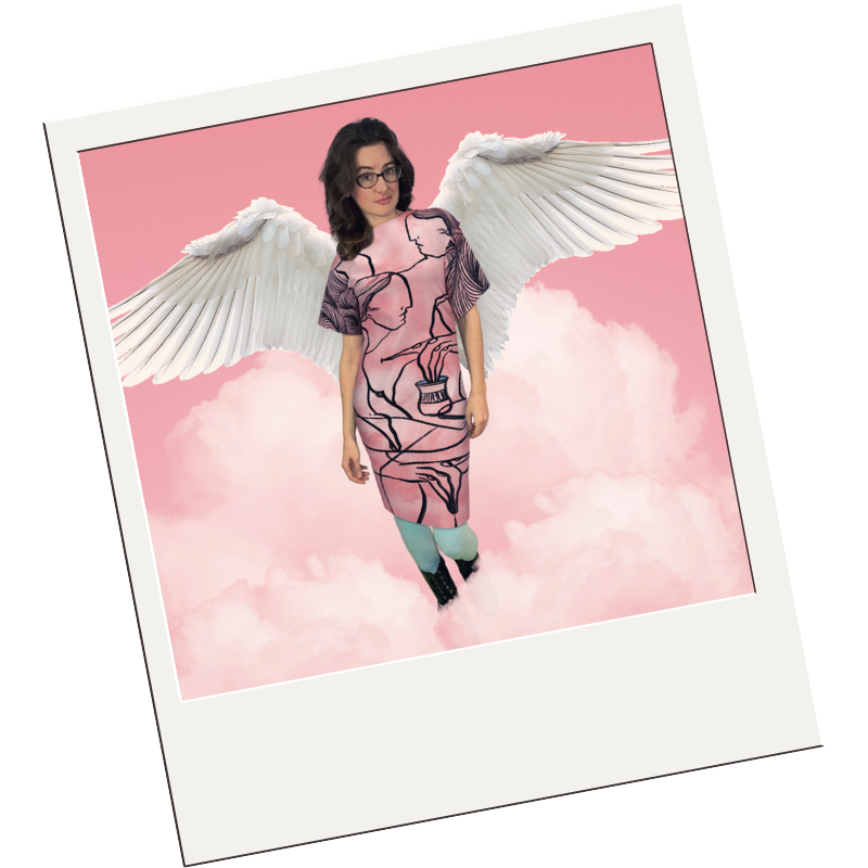 Polaroid-framed image of a woman wearing a pink digital dress. The image has been edited so that the woman has white angel wings and is walking through pink clouds.