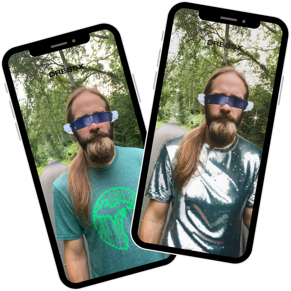 screenshot images of a man wearing augmented reality sunglasses and an ai-generated shirt