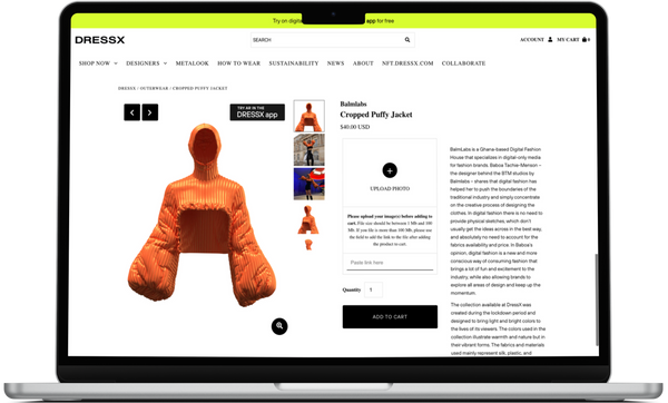 screenshot of the DRESSX website showing the Cropped Puffer Jacket by Balmlabs